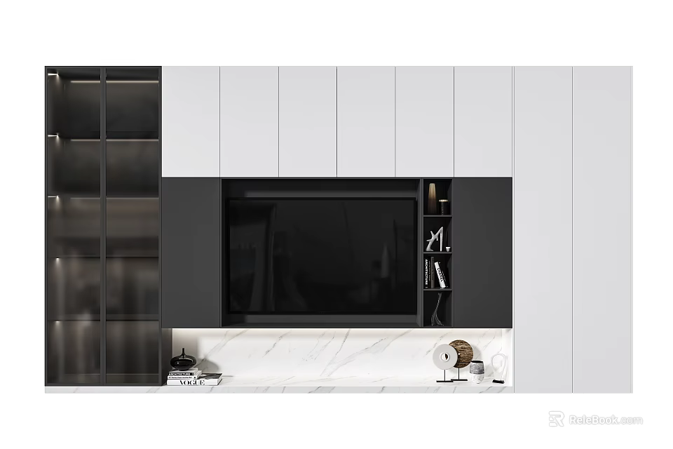 Modern TV Cabinet Interior Design With White Black Panels And Marble Countertop 3d model 