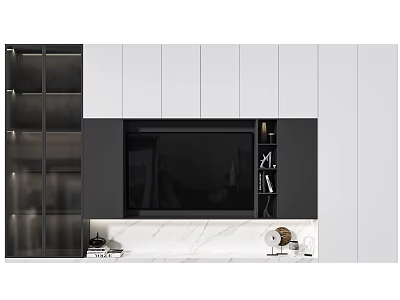 Modern TV Cabinet Interior Design With White Black Panels And Marble Countertop 3d model