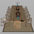 Natural Wood Tea Table and Chairs Stump Leg Design with Cushions Decorative Vases Woven Rug