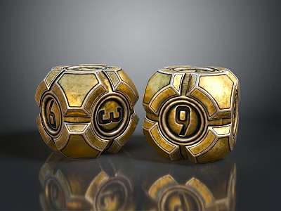 Golden Metal Dice With Intricate Geometric Patterns And Number Markings For Home Decor 3d model