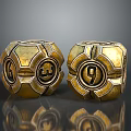 Golden Metal Dice With Intricate Geometric Patterns And Number Markings For Home Decor