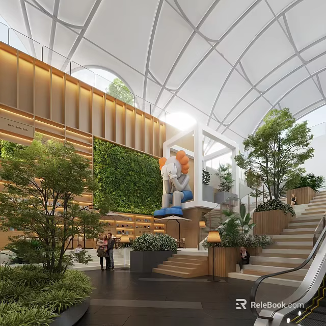 Modern Shopping Mall Lobby With Living Plant Wall Large Sculpture And Staircase 3d model 