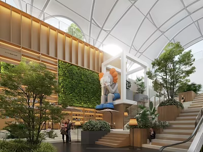 Modern Shopping Mall Lobby With Living Plant Wall Large Sculpture And Staircase 3d model