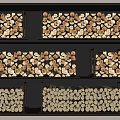 Neatly Arranged Stone Wood Split Logs In Wooden Crates On Black Shelves