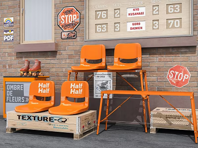 Orange Half Half Leisure Chairs with Vintage Brick Wall and Scoreboard 3d model