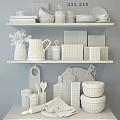 Organized Kitchen Utensils On White Shelves With Black Pitchers Wooden Cutting Boards And Wicker Baskets