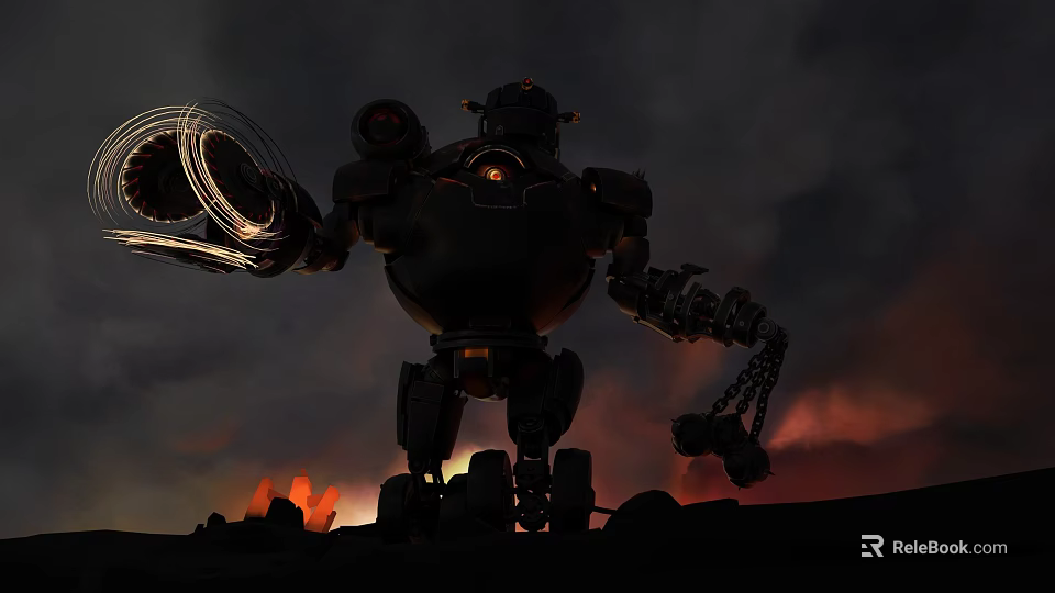 Giant Robot Game Character With Mechanical Arm Chain And Glowing Eye In Dark Sky 3d model