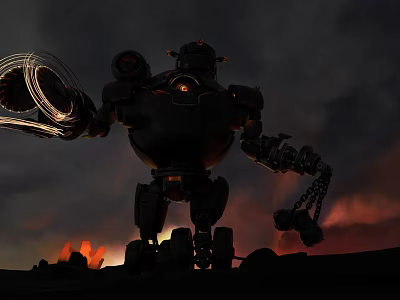 Giant Robot Game Character With Mechanical Arm Chain And Glowing Eye In Dark Sky 3d model