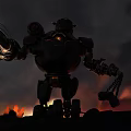 Giant Robot Game Character With Mechanical Arm Chain And Glowing Eye In Dark Sky 3d model