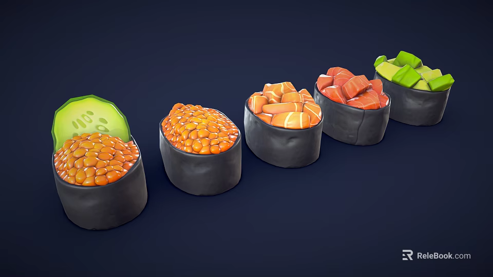 Colorful Sushi In Black Bowls With Cucumber Fish Roe Salmon And Avocado 3d model 