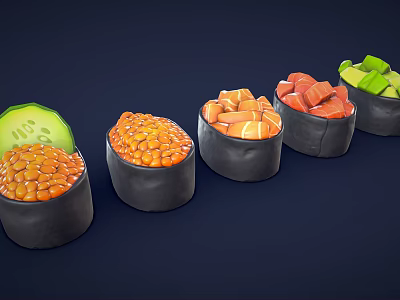 Colorful Sushi In Black Bowls With Cucumber Fish Roe Salmon And Avocado 3d model