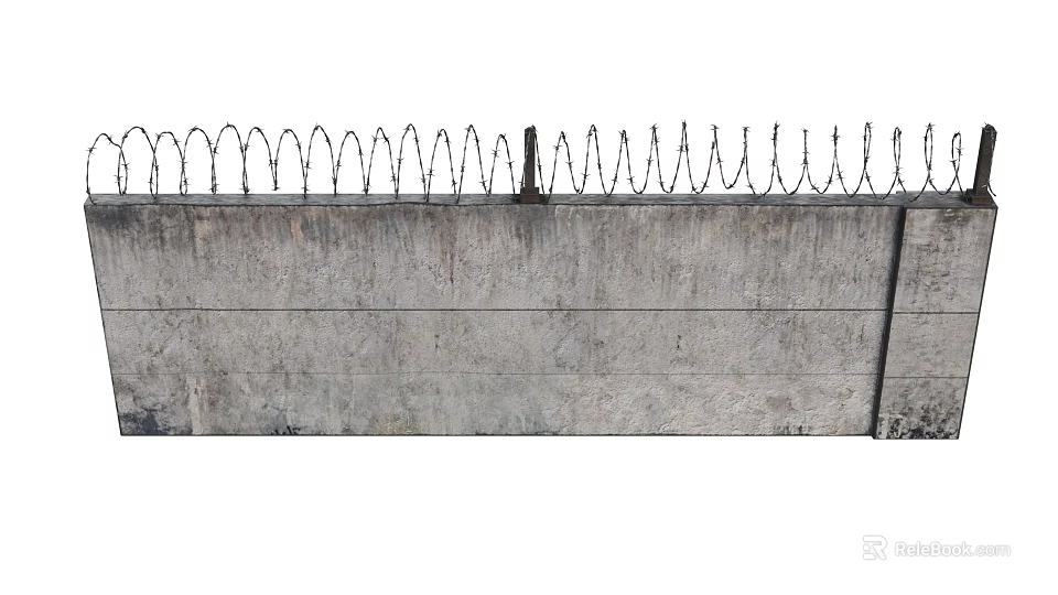 Concrete Wall Fence Structure With Sharp Barbed Wire Installed On Top Edge 3d model