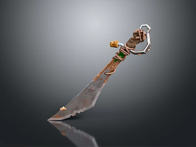 Rusted Ornate Dagger With Metal Loop Handle Green Accents And Serrated Blade 3d model