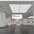Long Art Gallery Interior With White Walls Hanging Paintings Dark Flooring And Ceiling Lights