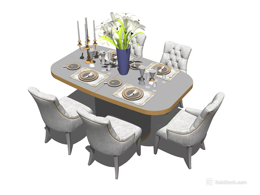 Oval Dining Table Set With Four Chairs Tableware Candle Holders Blue Vase And White Lilies 3d model 