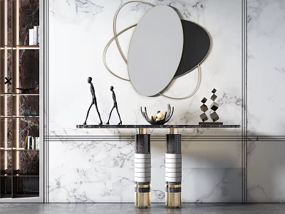 Modern Console Table Design With Marble Wall Decorative Mirror And Sculpture Ornaments 3d model