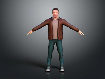 3D Game Movie Character Wearing Brown Jacket Shirt Green Pants And Sneakers With Arms Outstretched 3d model