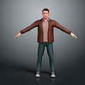 3D Game Movie Character Wearing Brown Jacket Shirt Green Pants And Sneakers With Arms Outstretched