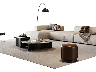 Modern L Shaped Sofa Set with Coffee Table Pillows Throw Blanket and Brown Ottoman 3d model
