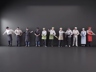 Group of Multiple People Standing with Aprons and Hats on Gray Background 3d model