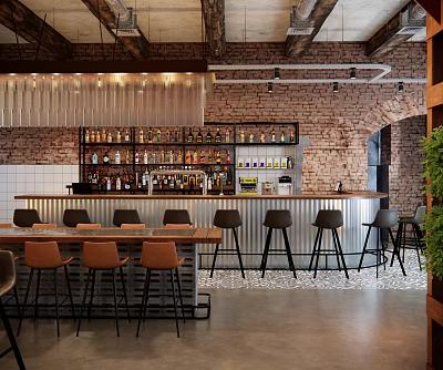Industrial Style Bar Interior Design With Exposed Brick Wall And Metal Bar Stools 3d model