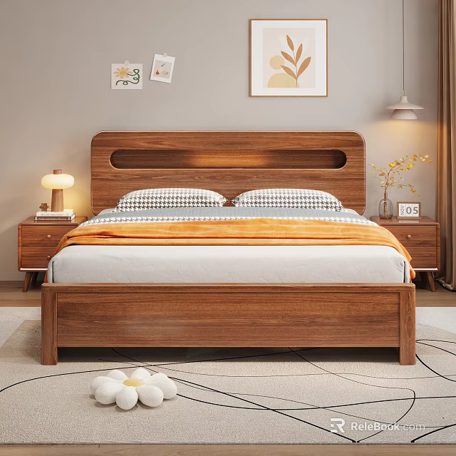 Modern Minimalist Bedroom Interior With Wooden Bed Orange Blanket Checkered Pillows And Decorative Paintings 3d model 