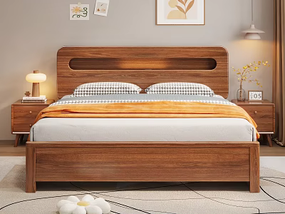 Modern Minimalist Bedroom Interior With Wooden Bed Orange Blanket Checkered Pillows And Decorative Paintings 3d model