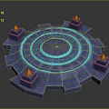 Mystical Blue Circular Platform With Glowing Runes And Yellow Flame Towers