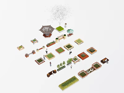 Diverse Outdoor Flower Bed Planters Design With Various Shapes And Green Plants 3d model