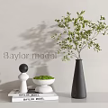 Modern Decorative Ornament Set With Geometric Figurine Vase Green Plant And Moss Bowl On Books