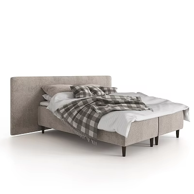 Modern Upholstered Double Bed With Plaid Blanket Pillows White Bed Sheets And Wooden Legs 3d model