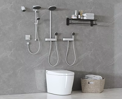 Modern Rainfall Shower Head with Handheld Sprayer Gray Marble Wall and Towel Shelf 3d model