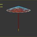 Red Floral Patterned Umbrella As Furniture Decor With Gold Trim And Light Handle