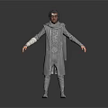 Man In Gray Robe With Cloak And Knitted Details Standing With Arms Outstretched