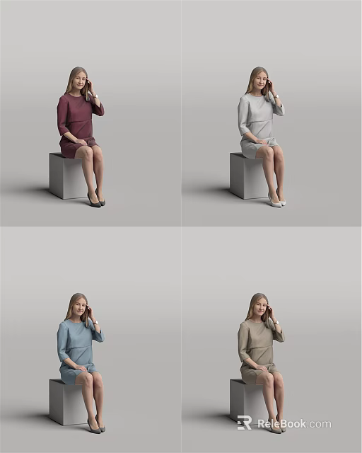 Women Sitting On Cube Talking On Phone Wearing Different Colored Dresses 3d model