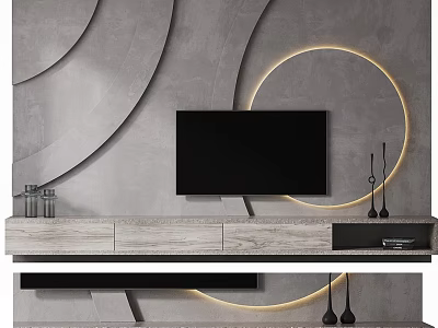 Modern TV Background Wall With Gray Curved Lines Illuminated Rings And Wooden Cabinet 3d model