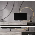 Modern TV Background Wall With Gray Curved Lines Illuminated Rings And Wooden Cabinet