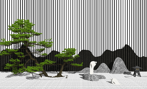 New Chinese style landscape sketch courtyard landscape tree withered stone 3d model