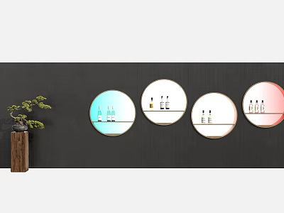 Hotel Lobby Interior With Black Wall Circular Decorative Artworks And Green Plant Vase 3d model