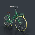 Green Vintage Bicycle With Brown Seat Front Basket And Gold Wheels