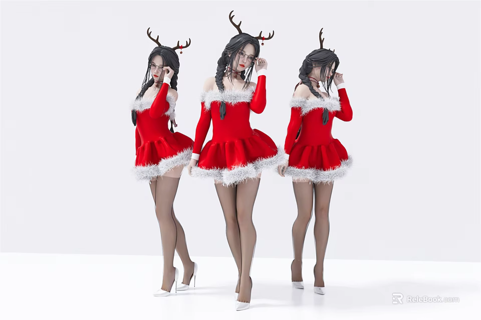 Women in Red Christmas Dresses with Reindeer Antlers Stockings and High Heels on White Background 3d model 
