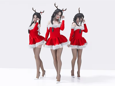 Women in Red Christmas Dresses with Reindeer Antlers Stockings and High Heels on White Background 3d model