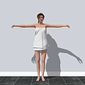 Woman in White Towel Standing with Arms Outstretched Against Gray Wall and Black Floor