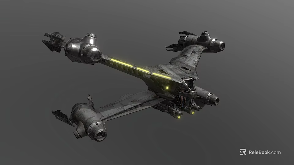 Futuristic Sci-Fi Spaceship 3D Model With Wing Structure Multiple Engines And Yellow Lights 3d model