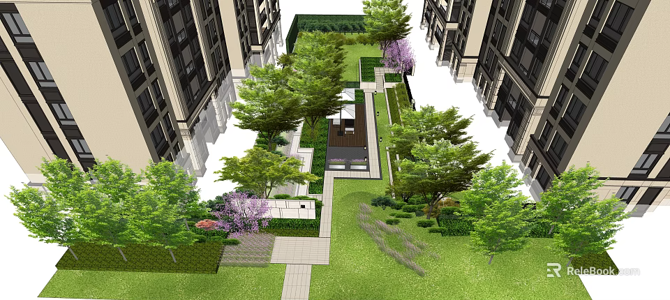 Modern Residential Garden Landscape With Lush Lawn Trees Pathways And Seating Area 3d model 