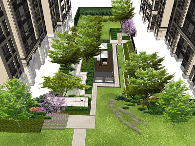 Modern Residential Garden Landscape With Lush Lawn Trees Pathways And Seating Area 3d model