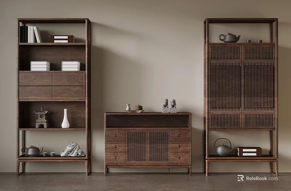 New Chinese Style Study Room With Wooden Bookshelves Storage Cabinets And Decorative Items 3d model 
