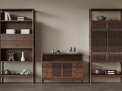 New Chinese Style Study Room With Wooden Bookshelves Storage Cabinets And Decorative Items 3d model