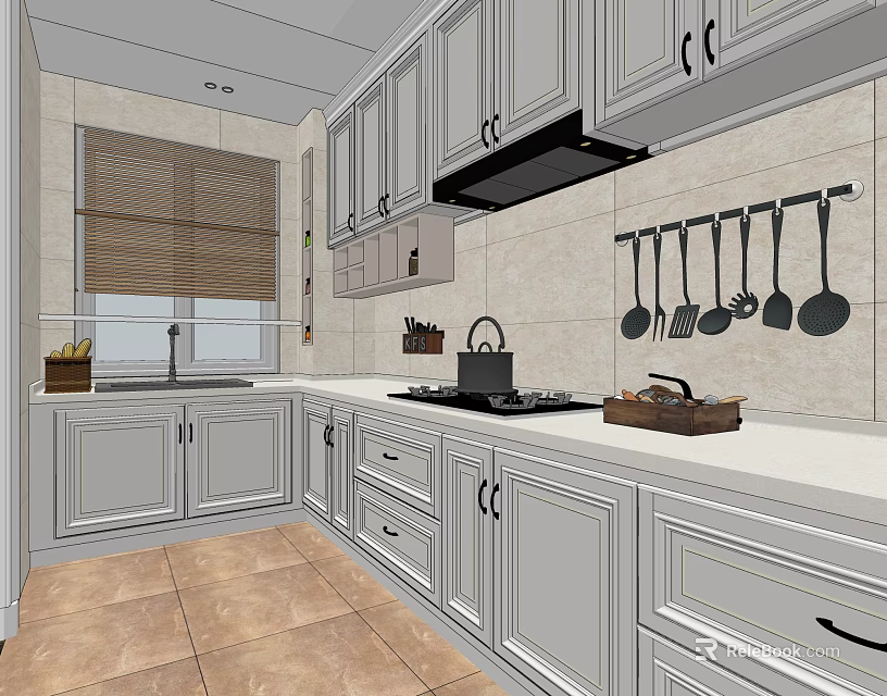 Modern White Kitchen Interior With Cabinets Stove Sink Hanging Utensils And Window Blinds 3d model 