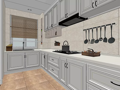 Modern White Kitchen Interior With Cabinets Stove Sink Hanging Utensils And Window Blinds 3d model